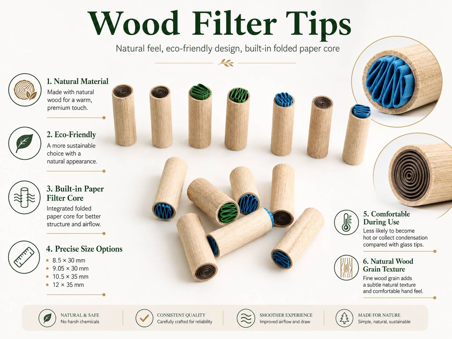 wooden filter tips with paper filter for smoking